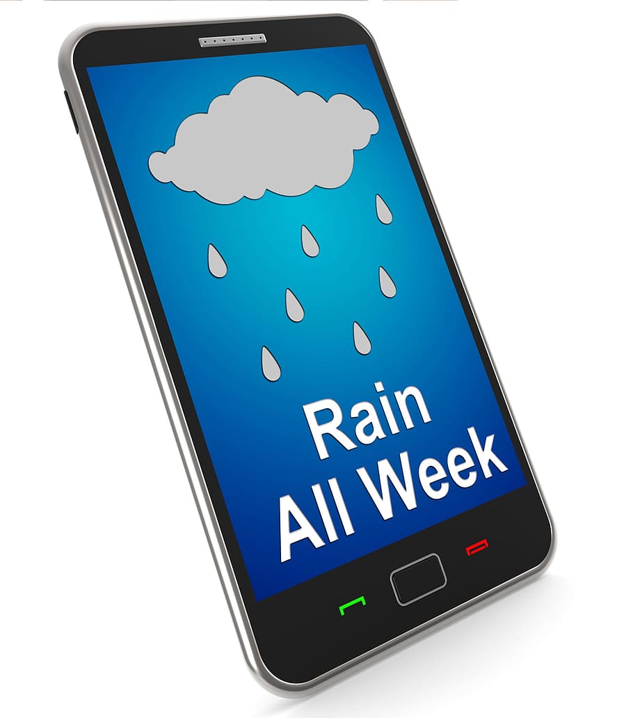 chuva, semana, móvel, mostrando, molhado, miserável, clima, chuva a semana toda, telefone celular, escuro