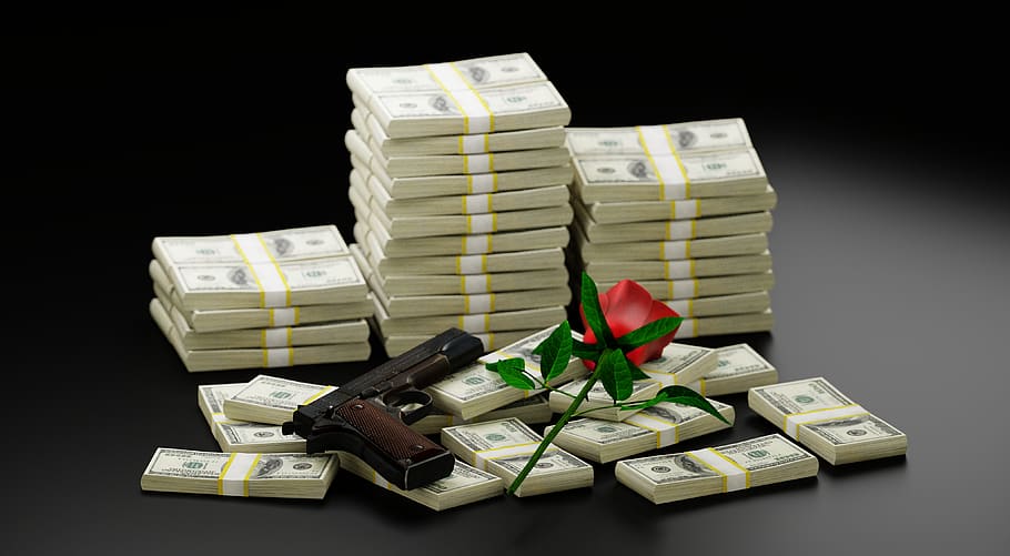 uang, pistol, mawar, roman, uang tunai, dolar, pemberontak, cinta, konsep, kaya