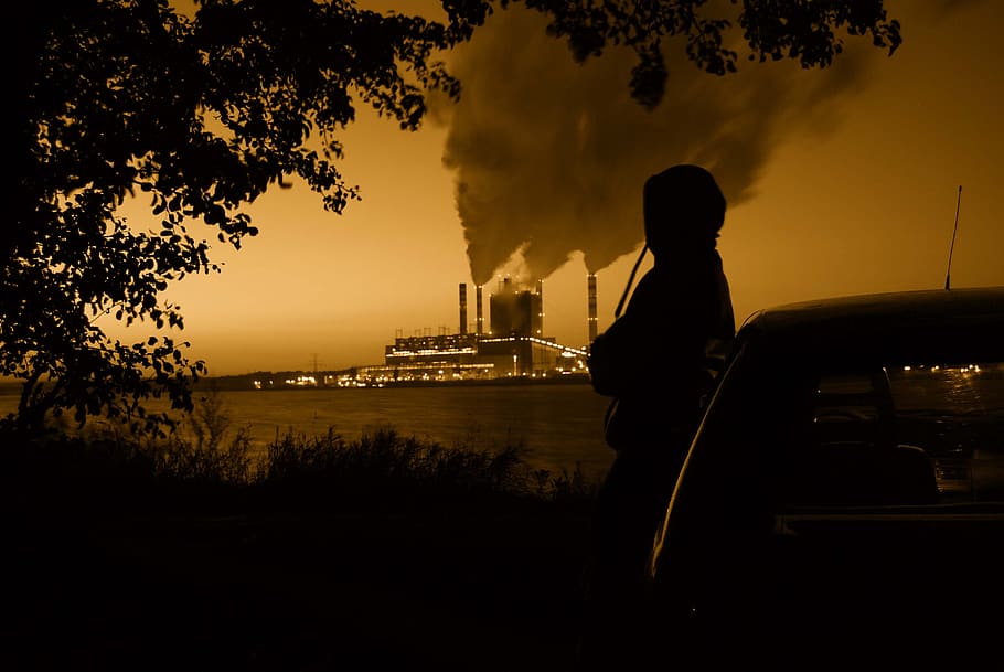 power station, smoke, character, man, chimneys, pollution, a person, to think, scenery, the environment