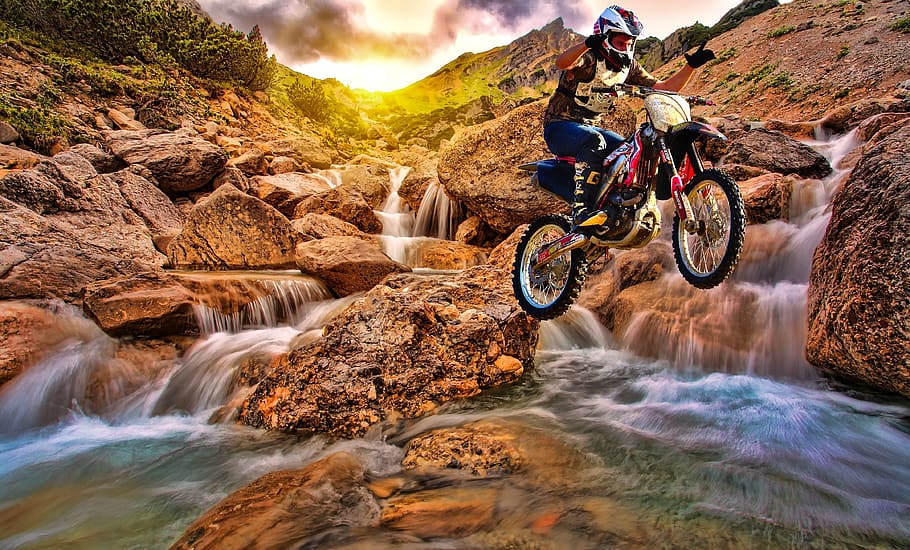 agua, naturaleza, río, movimiento, roca, motocross, dirtbike, jinete, honda, crf250r