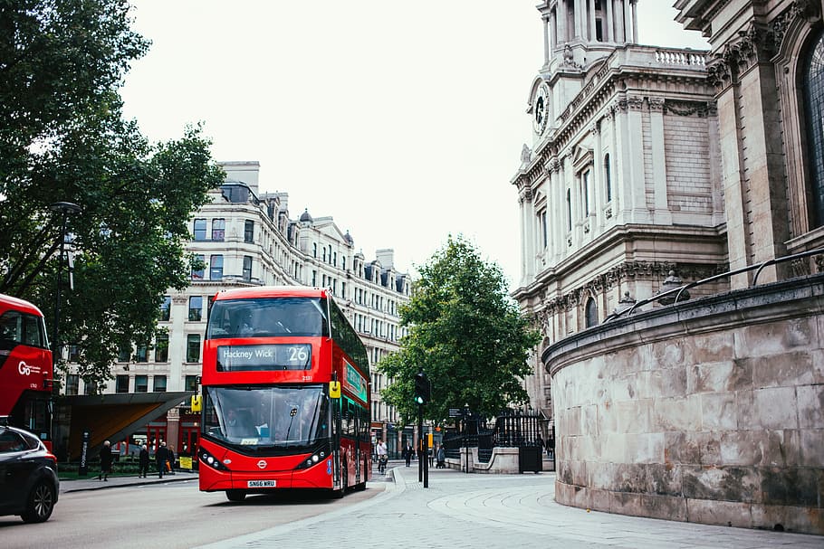 double, decker bus, london road traffic signal, Advertisement, Architecture, British, Capital, Cityscape, England, Heritage