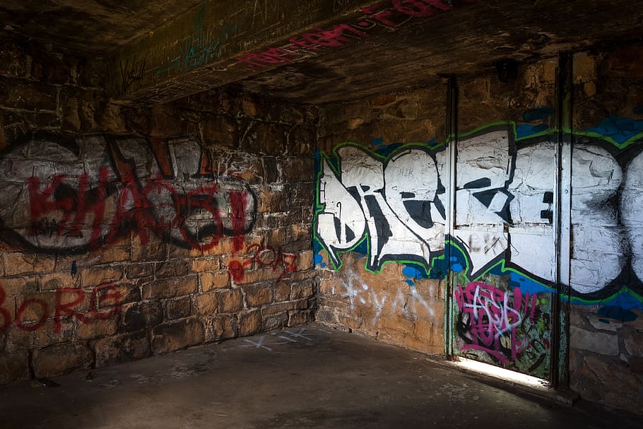 lion's den, graffiti, wall, art, painting, old, urban, building, city, dark