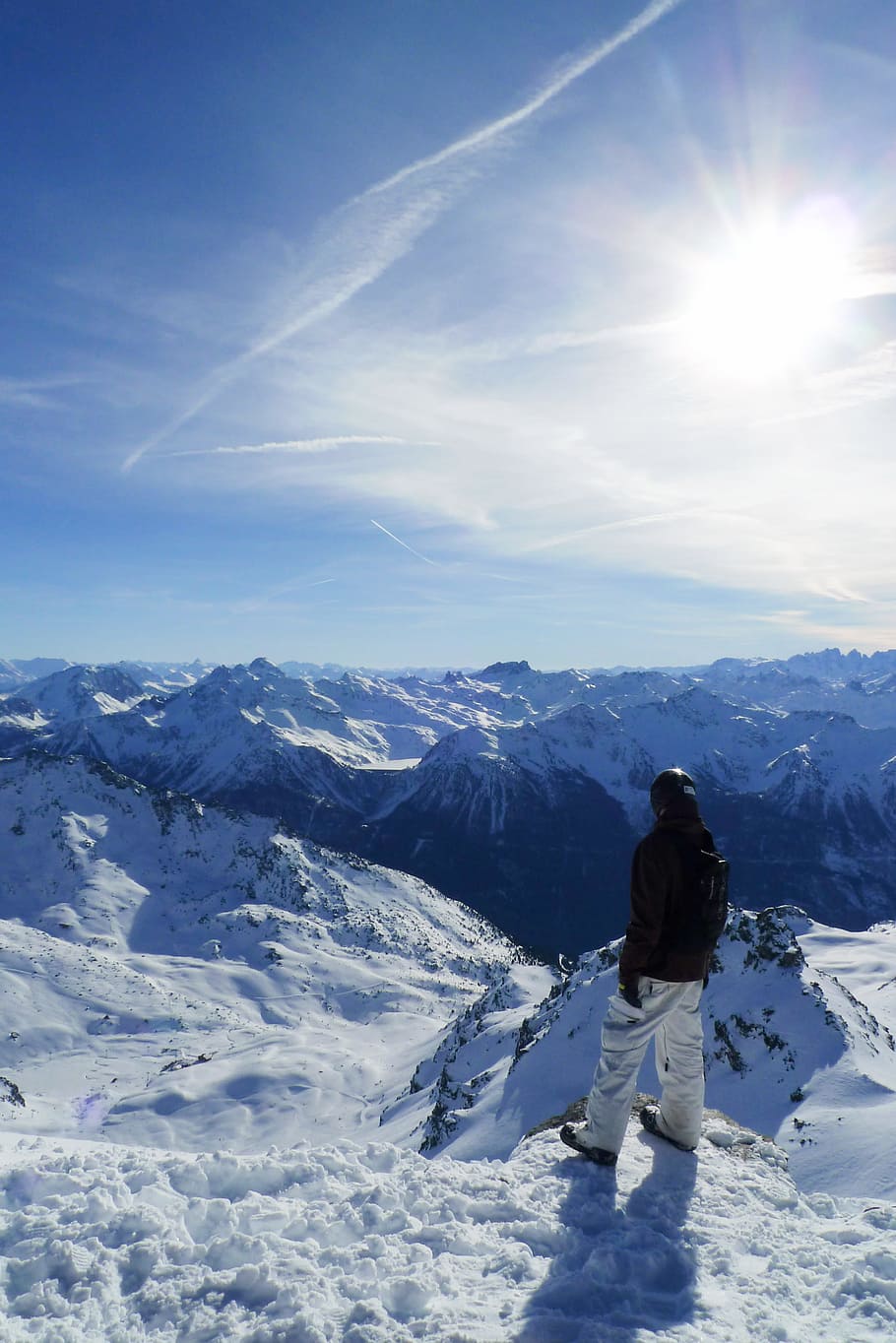esqui, snowboard, montanhas, alpes, vista, neve, azul, céu, nuvens, inverno