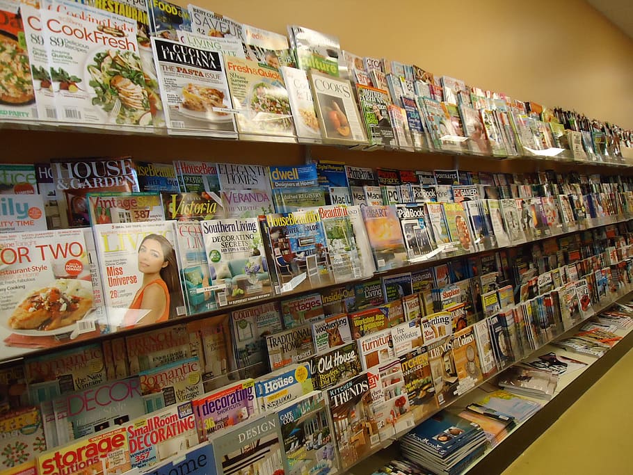 magazines, store, shop, rack, papers, display, shelf, shelves, newsstand, retail