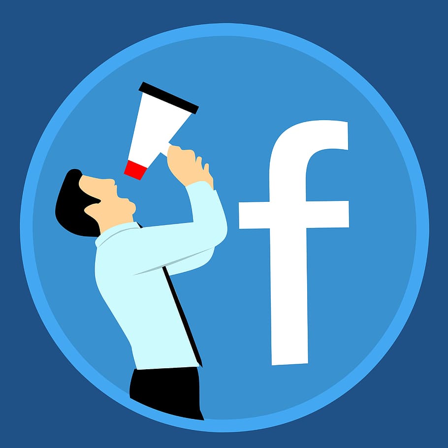 ilustrasi, pemasaran, platform facebook, platform., beriklan, facebook, akun, megaphone, iklan, aplikasi