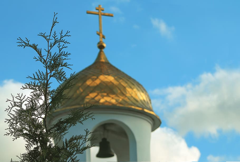 the dome of the church, sky, bell, cross, clouds, postcard, christianity, vera, religion, easter