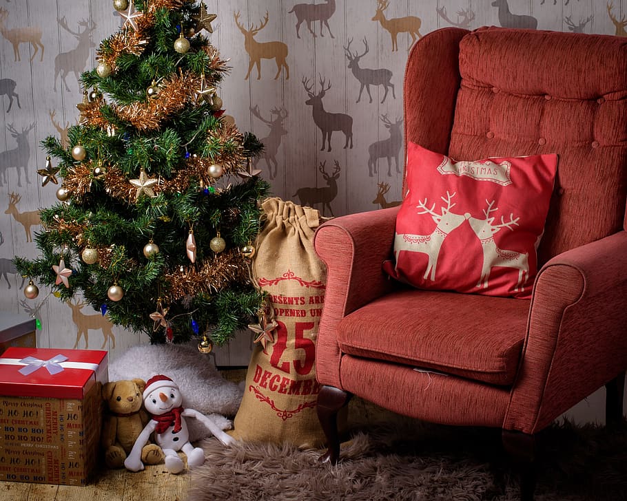 christmas, room, chair, stocking, tree, present, house, furniture, red, seat
