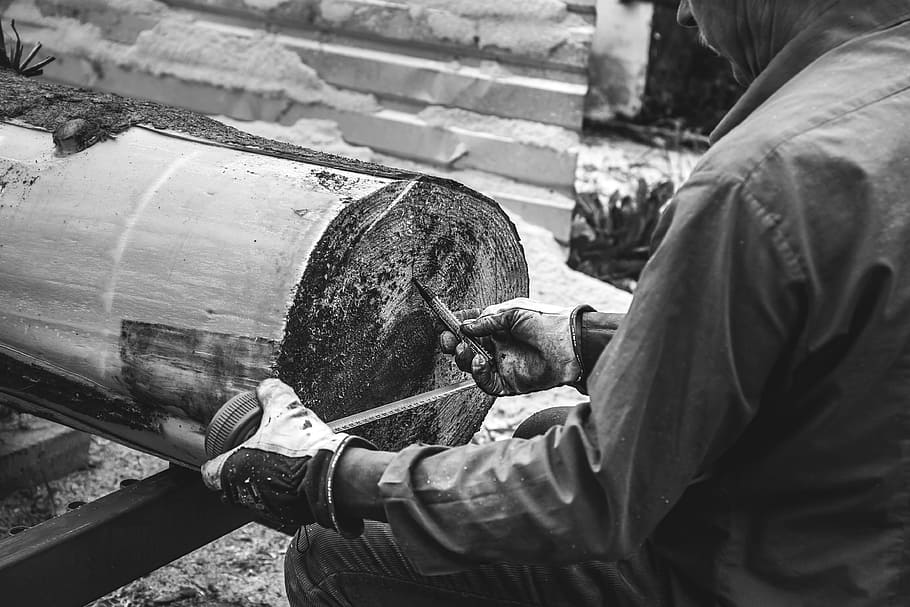guy, man, male, people, work, measure, log, wood, timber, black and white