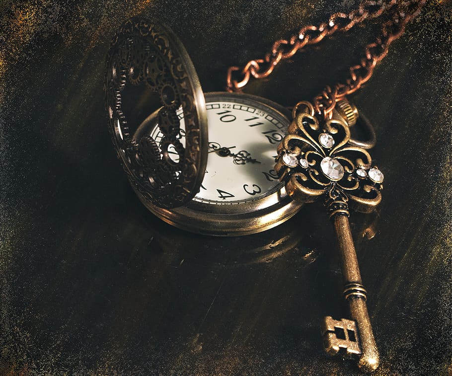 tiempo, reloj, llave, antiguo, dial, nostálgico, llave maestra, joyería, cadena, marrón