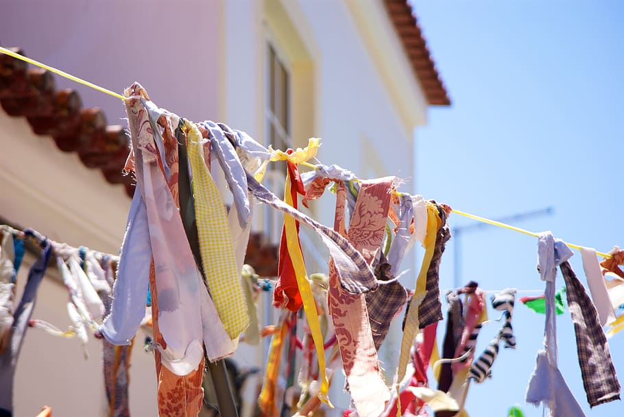 fabric, party, sky, blue, house, hanging, cloth, clothes line, home, laundry