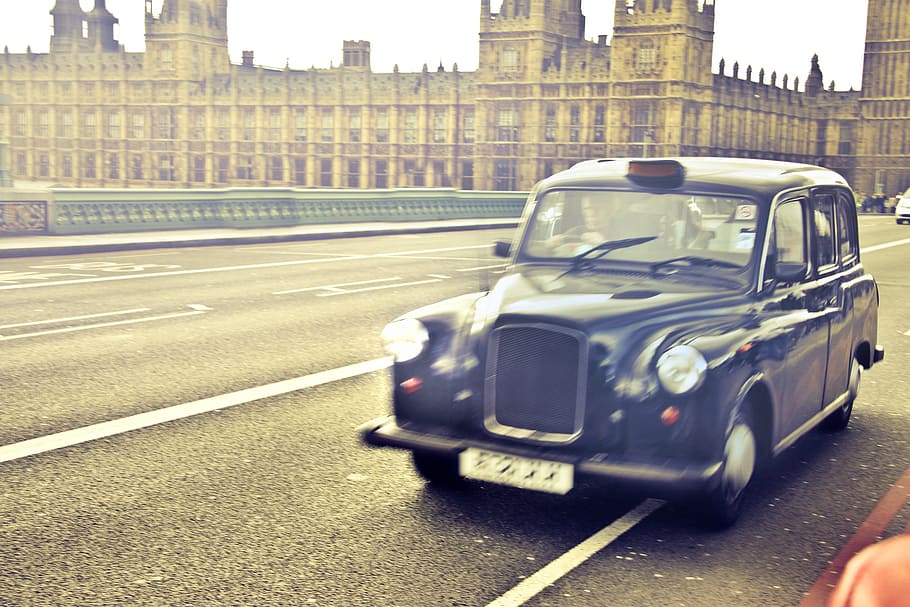 biru, taksi, gerak, istana, westminster, latar belakang, london, england, blur, cab