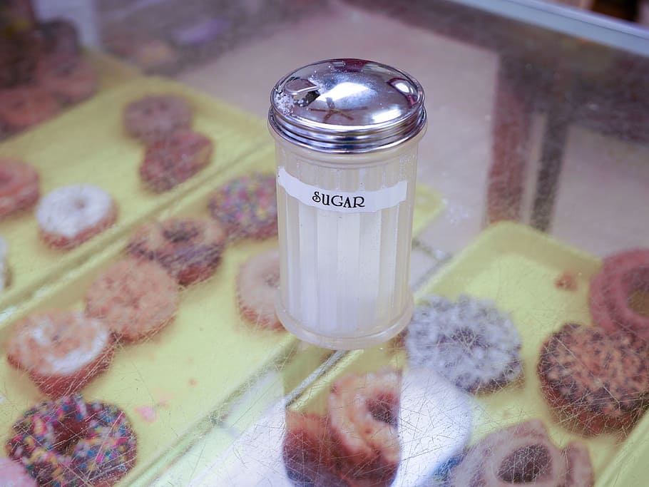 sugar, glass container, donuts, underneath, it., glass, food, dispenser, container, sweet
