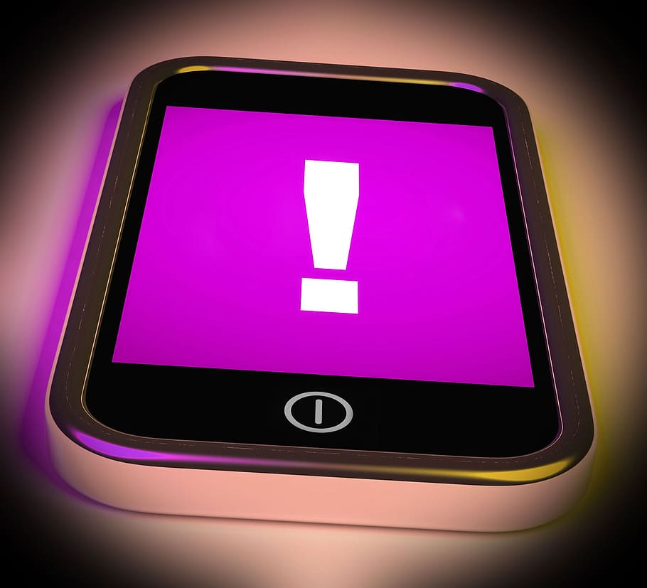 exclamation mark, mobile, showing, attention warning, alert, alertness, attention, beware, caution, cellphone