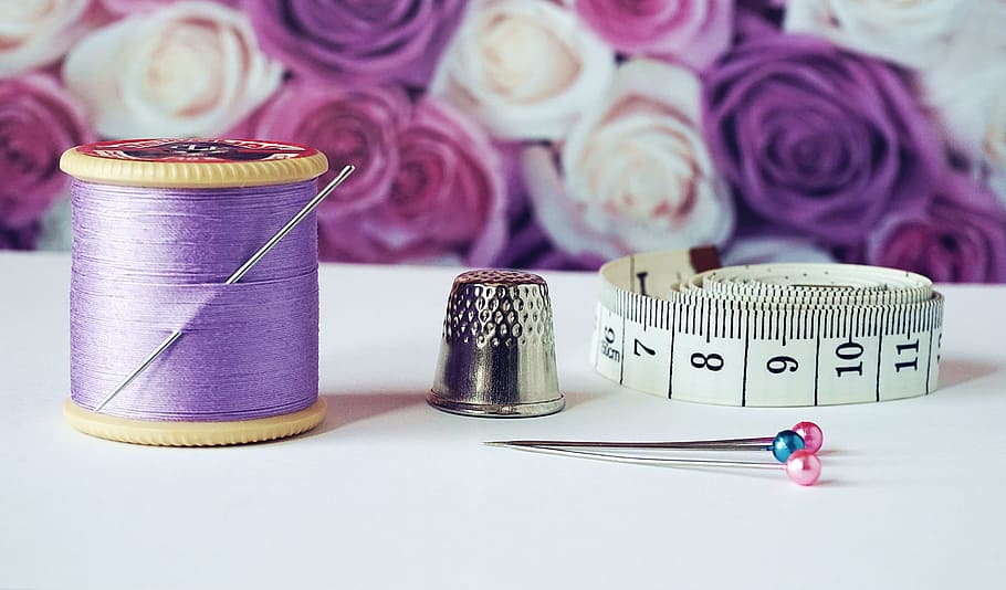 sewing, cotton thread, cotton reels, lilac, measuring tape, thimble, pins, crafts, thread, spool