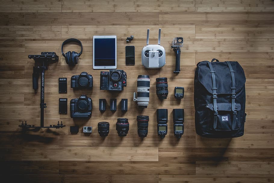 peralatan, bermacam-macam, teknologi, fotografi, kamera, tubuh, tujuan, lensa, tas, pekerjaan