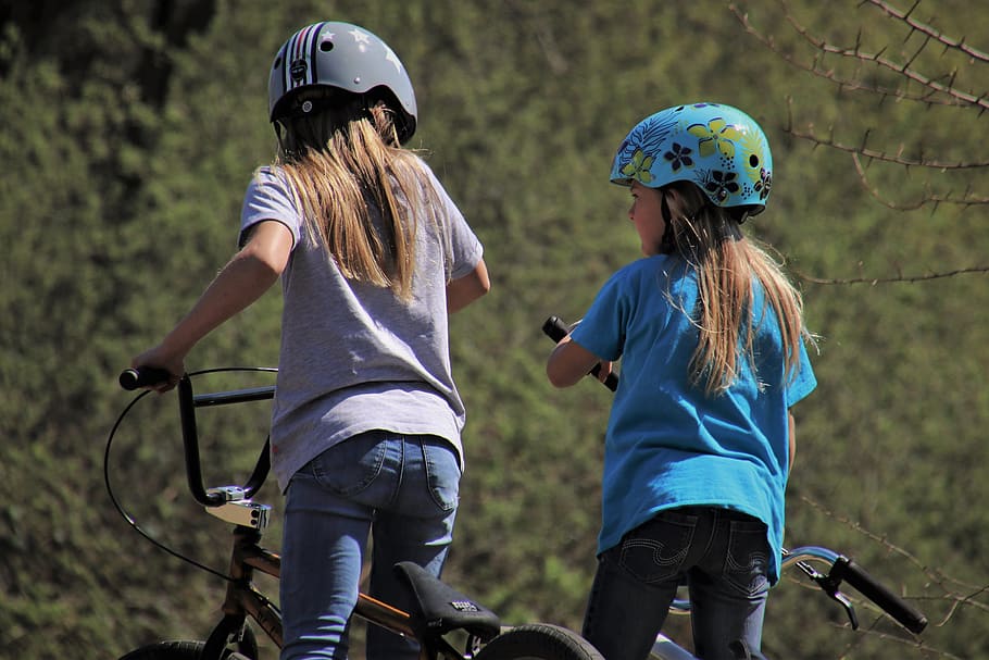 bikepark, bike, bmx, helmet, sisters, conversation, horse, sport, great, the silhouette