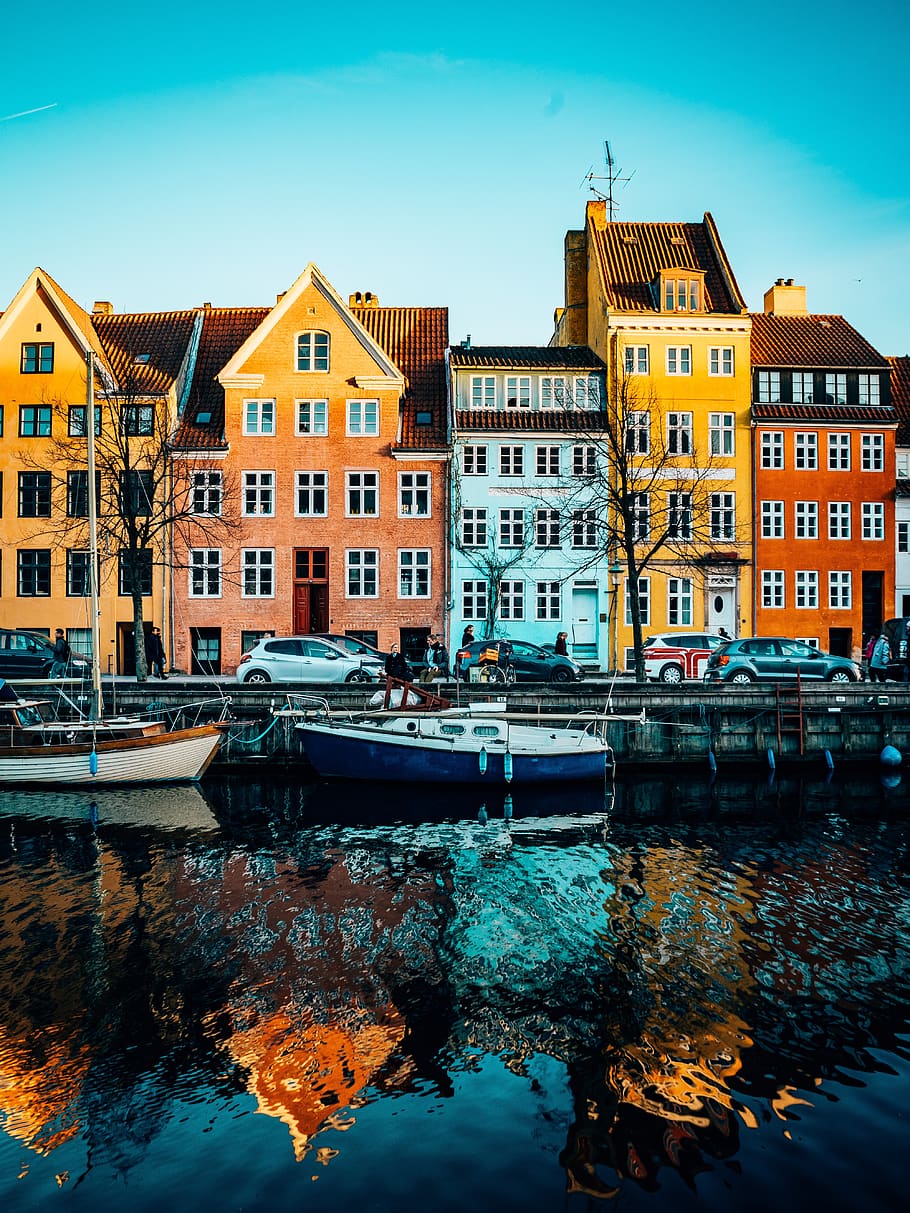 copenhagen, christianshavn, harbour, colourful, houses, nordic, canal, denmark, boats, architecture