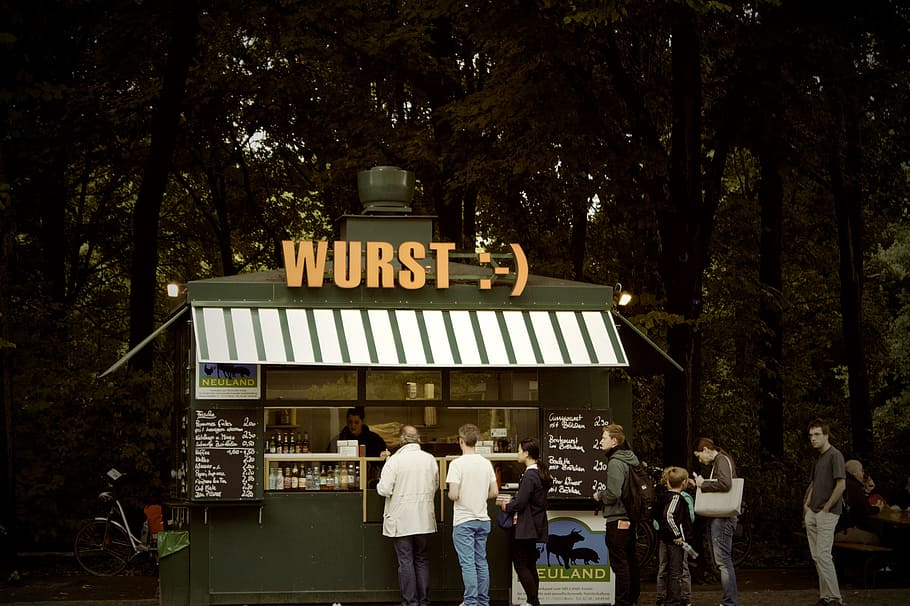 wurst, sausage, food stand, restaurant, menu, people, German, Berlin, tree, communication