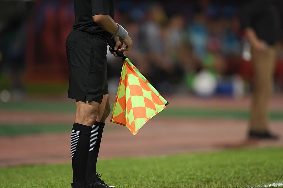 referee, soccer, football, assistant, flag, match, offside, linesman, symbol, hand