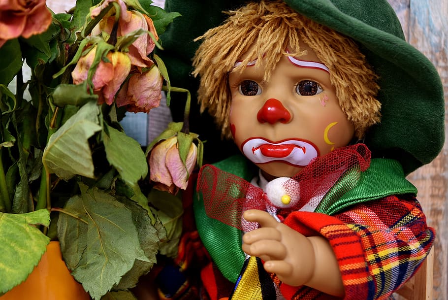 clown, sad, roses, withered, doll, cute, children, colorful, toys ...