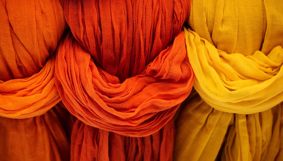 pano, tecido, vermelho, laranja, amarelo, vibrante, tecer, tingir, arco íris, sombra