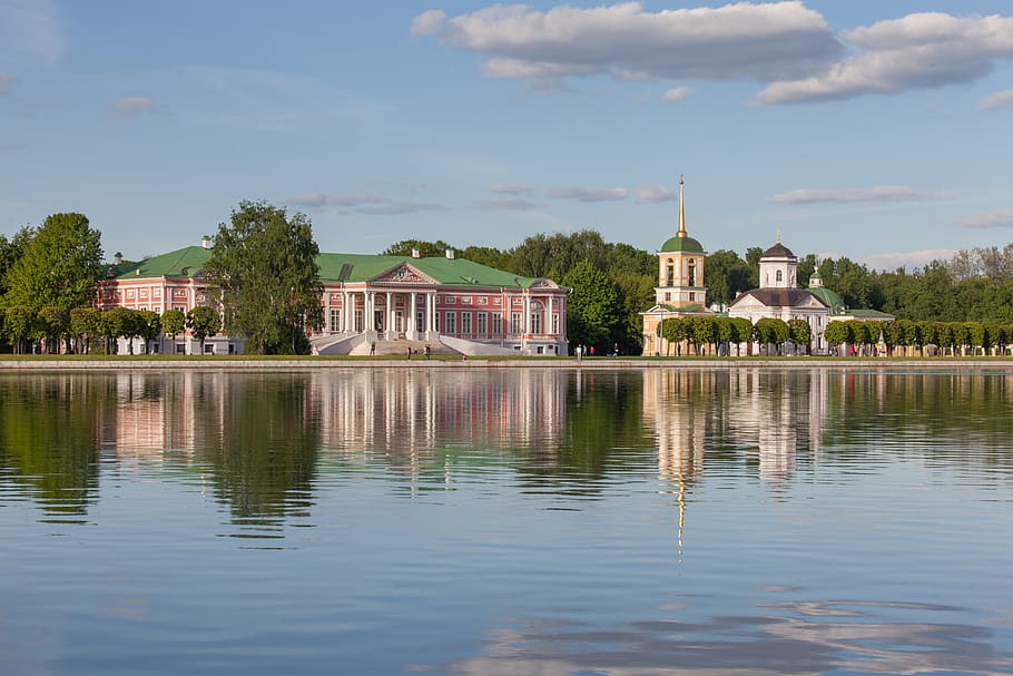 moskow, kuskovo, wisma, danau, taman, rusia, langit, refleksi, kolam, gereja