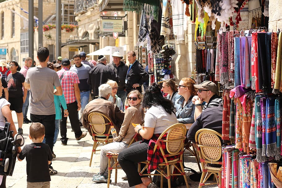 mercado, gente, niña, sonreír, cafetería, Jerusalén, hombres, personas reales, adultos, ciudad