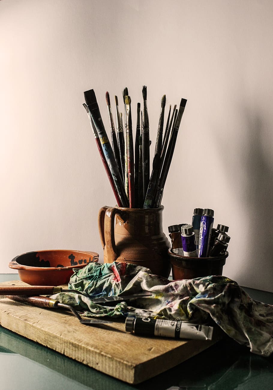 paintbrushes, paint, painter, artist, tumblr wallpaper, table, indoors, still life, large group of objects, container