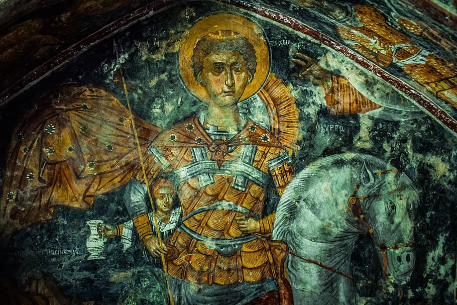 saint george, ayios georgios, ikonografi, lukisan, gereja, ortodoks, agama, kekristenan, tua, tembok