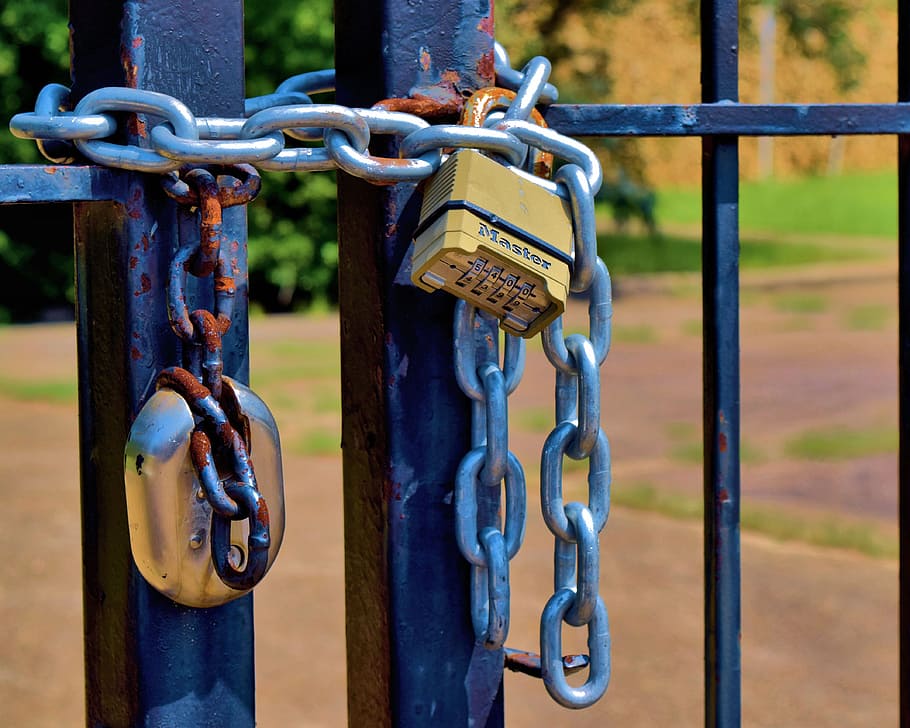 padlock, gate, chain, metal, iron, master, lock, garden, safety, security