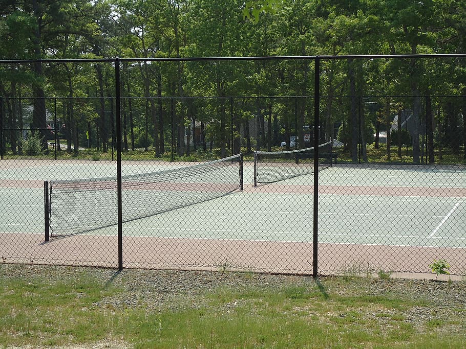 tennis, court, outdoors, outside, trees, fence, tree, plant, barrier, chainlink fence