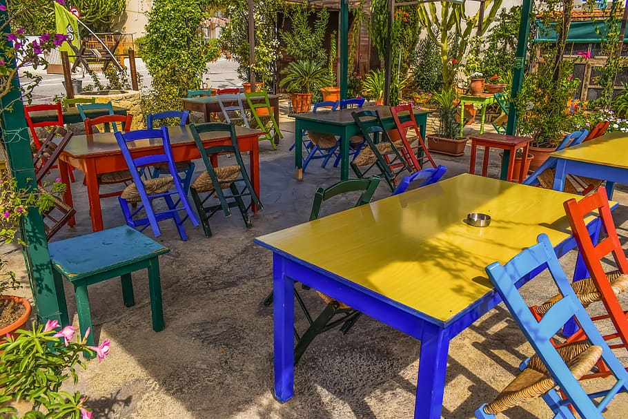 chairs, tables, colors, tavern, anafotida, cyprus, chair, seat, table, empty