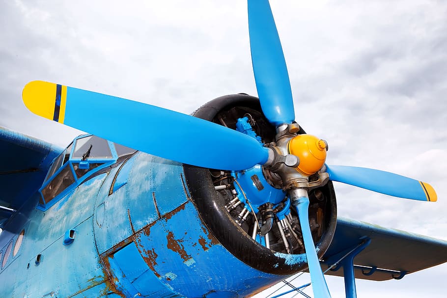 viejo, avión, aire, retro, aviación, hélice, transporte, aeroespacial, azul, modo de transporte