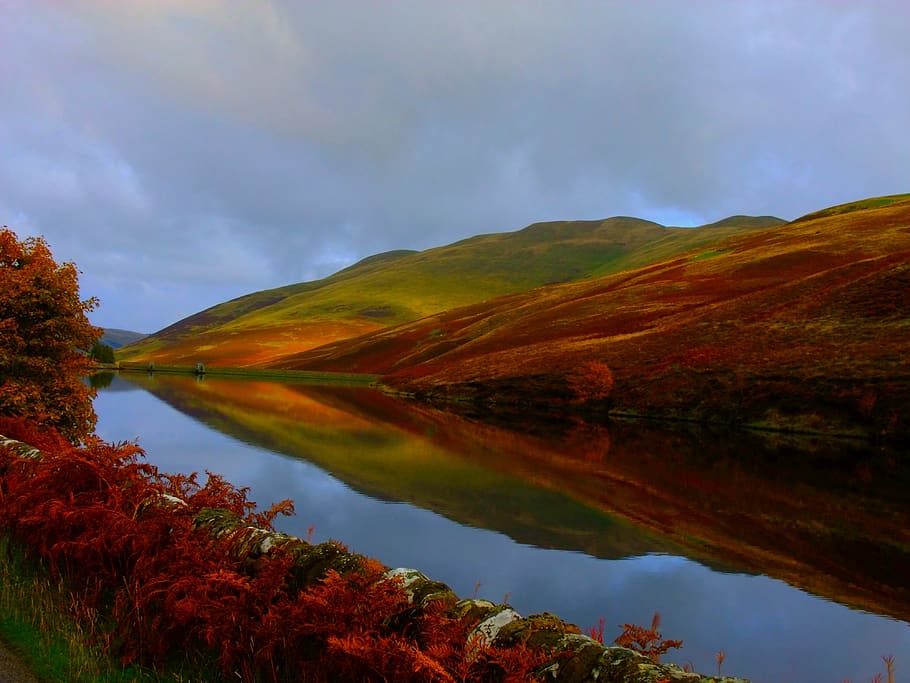 pentlands, heide, water reservoir, rest, nature, hole, scotland, mountain, hill, reflection