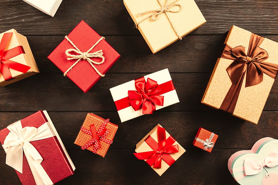 regalo, caja, navidad, presente, celebración, feriado, estacional, de madera, antiguo, mesa