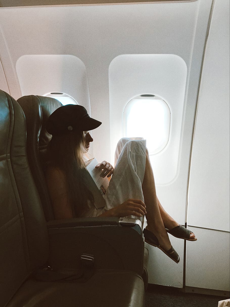mujer, piernas, avión, sombrero, modelo, moda, estilo, asiento, ventana, transporte