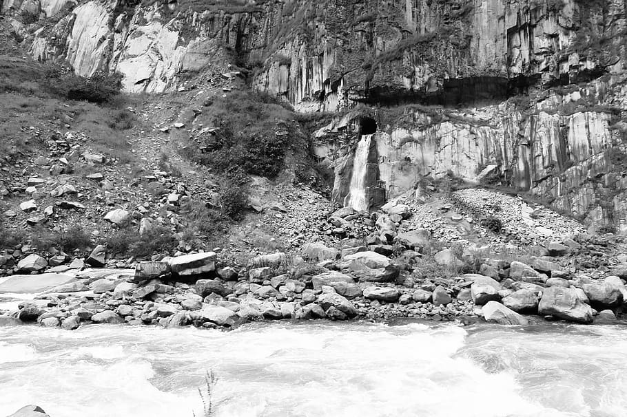 Hydroelectronica, Peru, rio, corredeiras, água, rochas, falésias, natureza, preto e branco, Rocha