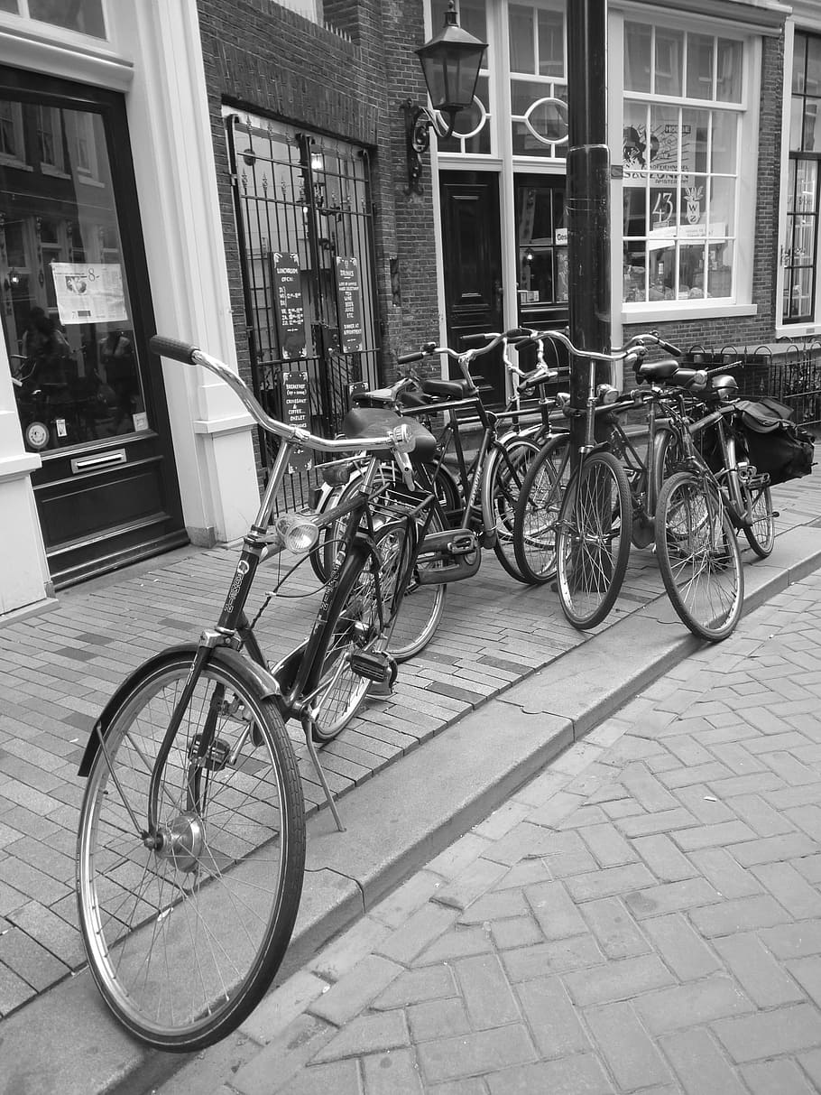 Amsterdam, sepeda, jalan, perjalanan, vintage, eropa, hitam dan putih, jalur, transportasi, moda transportasi