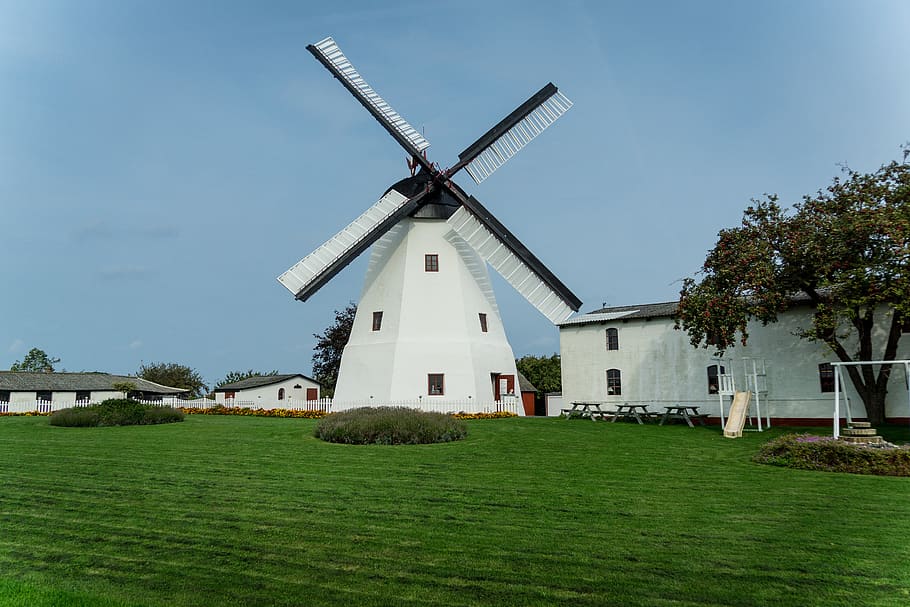 windmill, garden, house, tree, meadow, tower windmill, vacations, travel, bornholm, åkirkeby