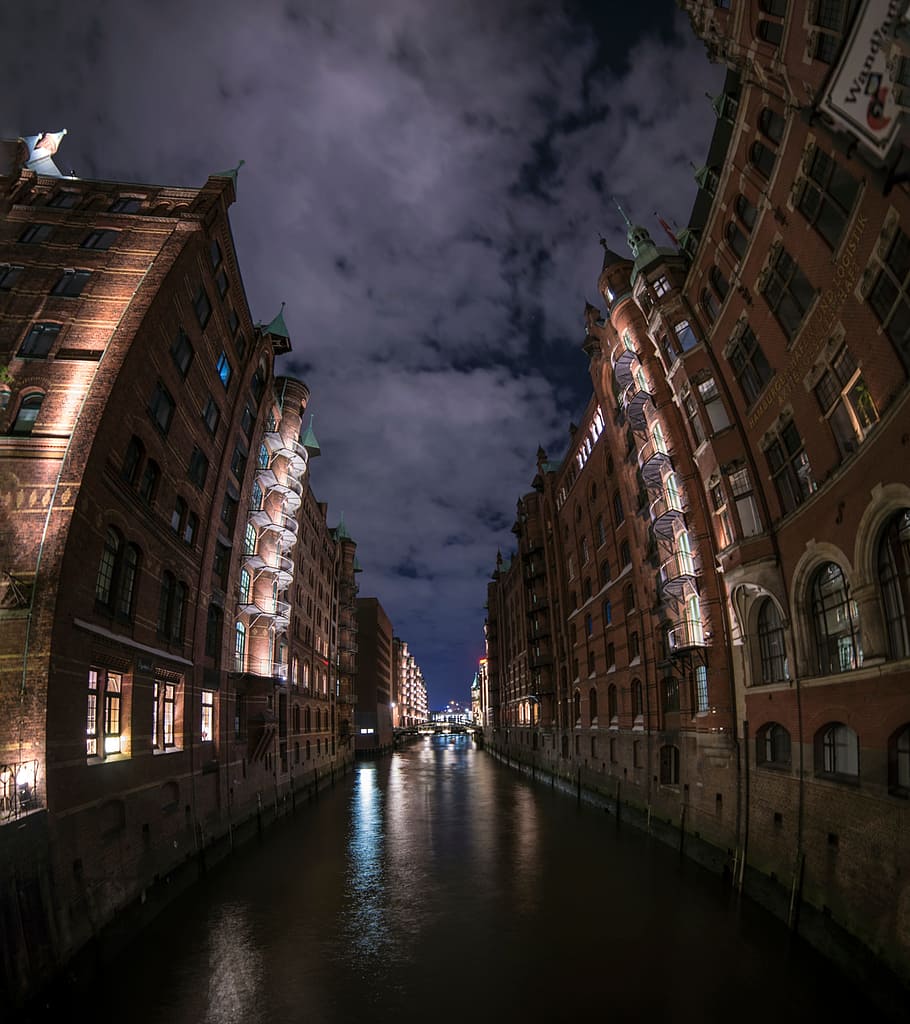 architecture, building, infrastructure, night, light, cloud, sky, canal, water, built structure