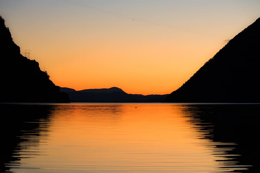 norway, landscape, water, sunset, fjord, sky, beauty in nature, reflection, tranquil scene, orange color