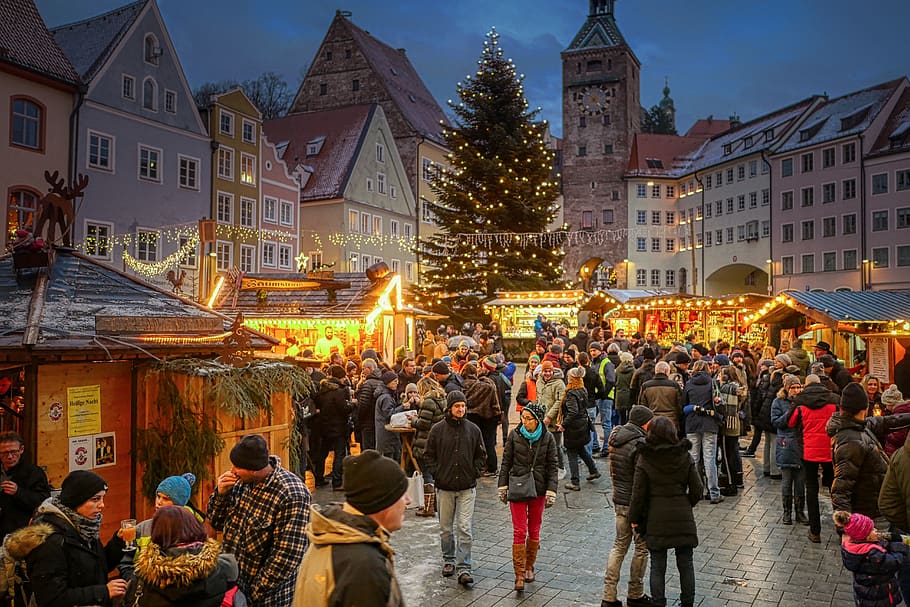 pasar natal, landsberg am lech, pusat bersejarah, menara, historis, gerbang kota, suasana hati, waktu natal, claret yang dipikirkan, senja