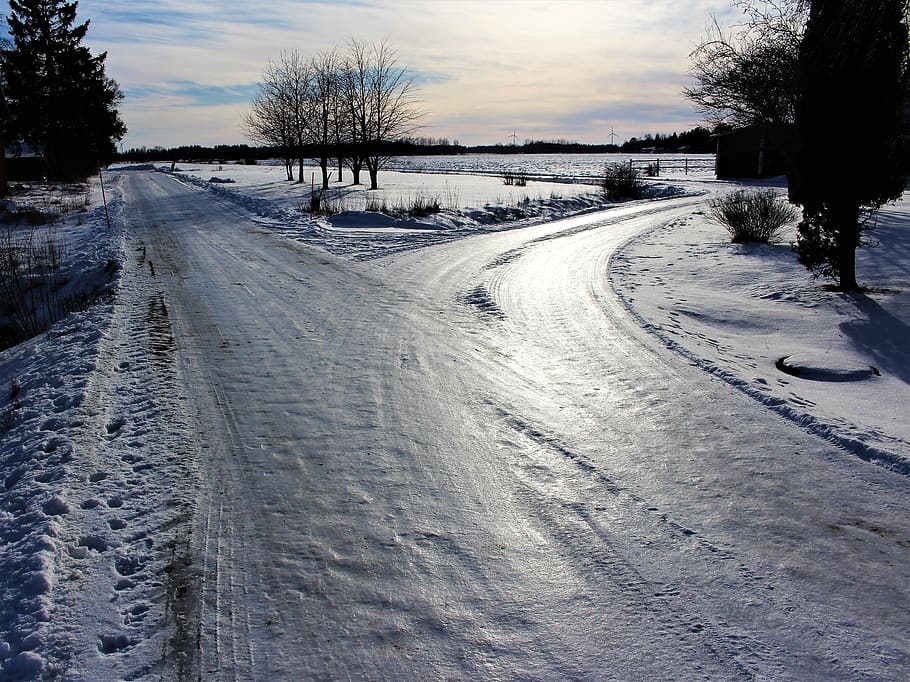 carretera, encrucijada, invierno, nieve, congelado, hielo, escarcha, deslizamiento, naturaleza, árbol
