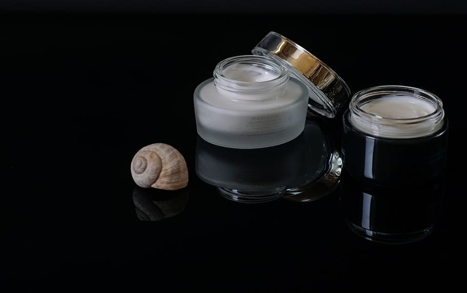 cosmetics, face cream, creams, shell of a snail, skin care, makeup, beauty, black background, container, indoors