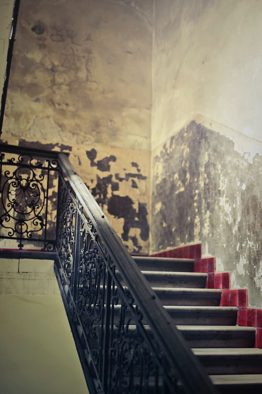 old, staircase, metal railings, tiles, architectural, architecture, art, indoors, mansion, railing