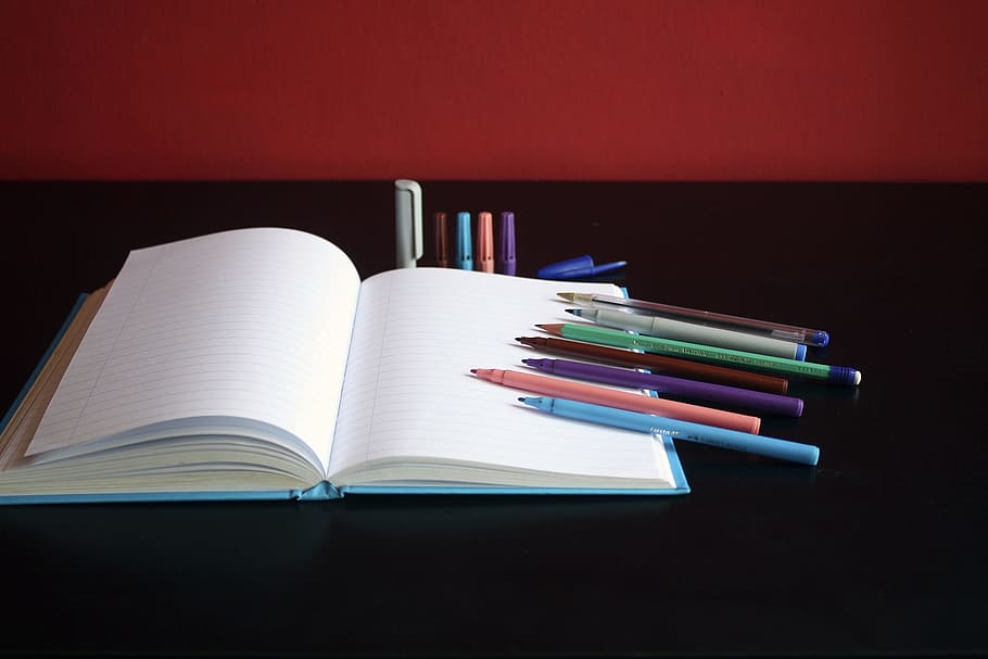 caderno, papel, colorido, cor, caneta, arte, material, marcador, mesa, negócios