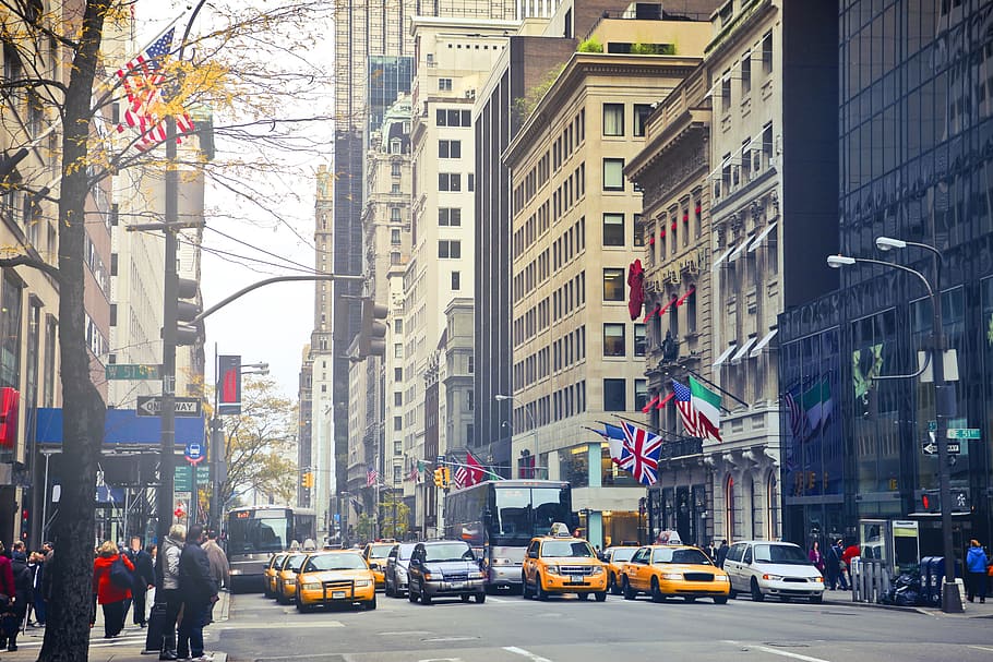 Amarillo, taxis, también, conocidos, vehículos, parada, rojo, luz, nuevo, ciudad de york