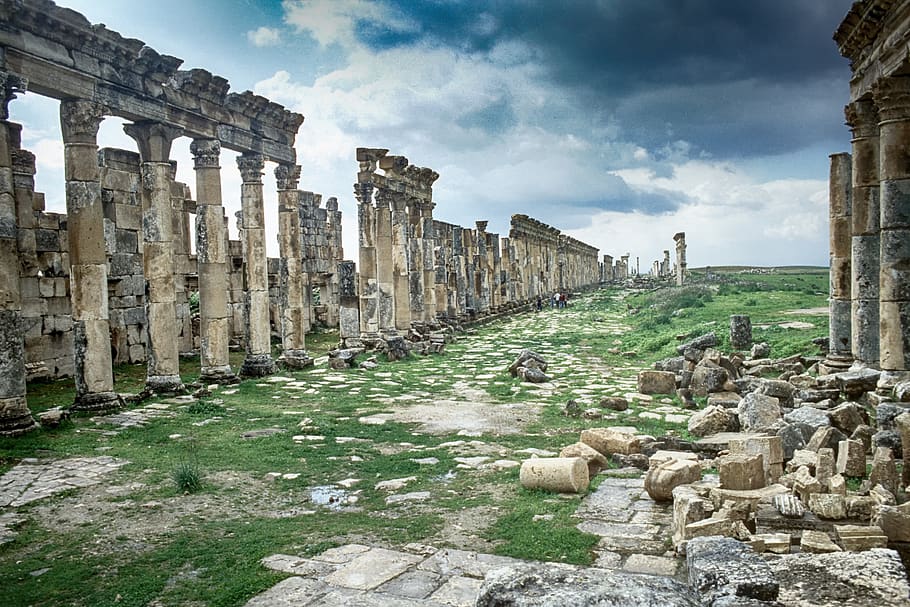 syria, apamea, roman, ruins, sky, blue, archaeology, history, ancient, the past