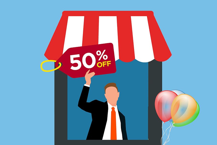 illustration, man, booth, 50, sale sign, sign., sale, discount, shop, ciosk