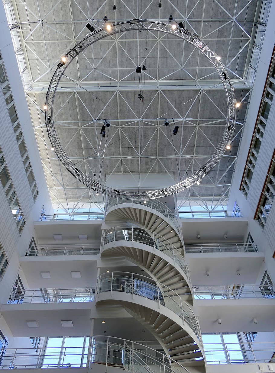 staircase, spiral, shopping centre, lighting, architecture, metal, steel, top, building, stockholm